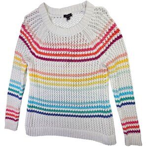 Talbots Sweater Womens Medium White Rainbow Stripe Open Knit Cotton Pullover